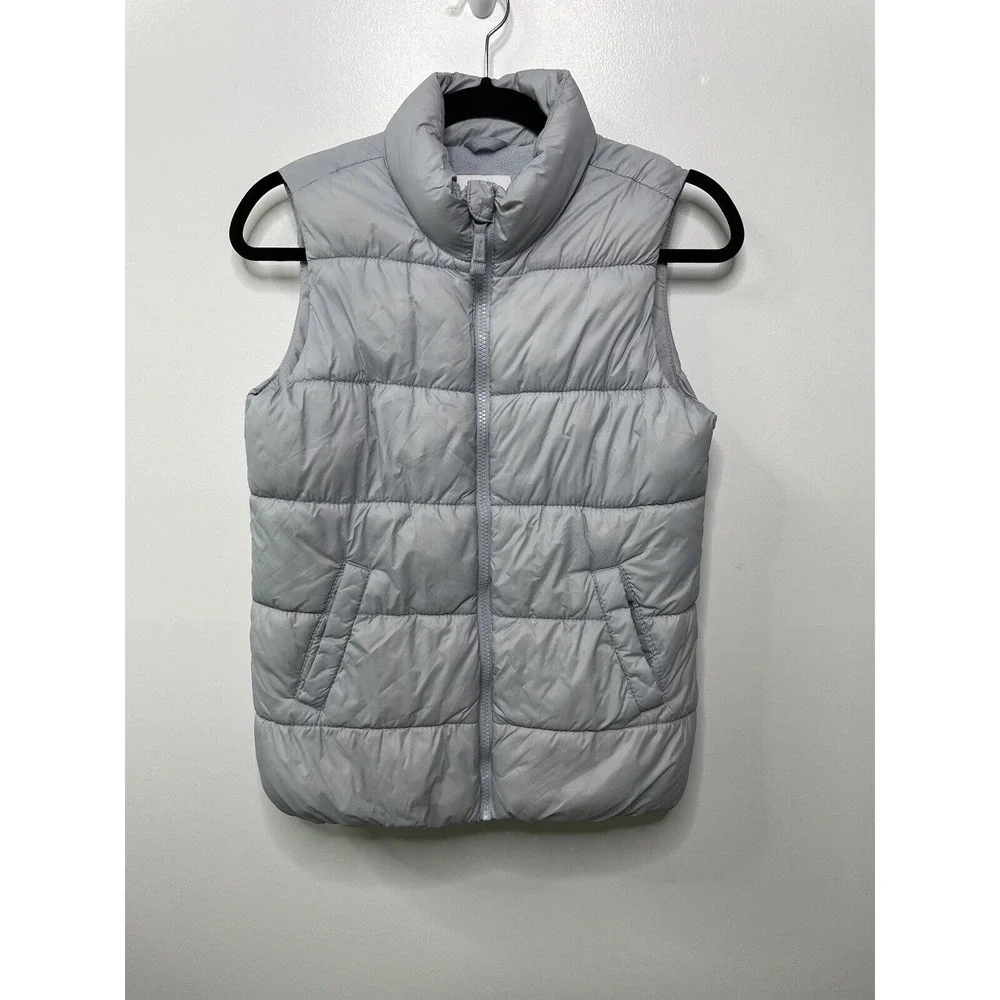 Old Navy Kids XL 14 Puffer Vest Light Gray Fleece Lined Quilted Full Zip Jacket